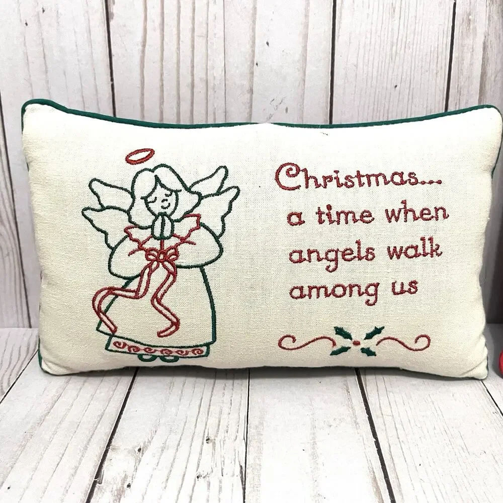 Set of 2 Small Christmas Throw Pillows Embroidered Holiday Angel & Songs